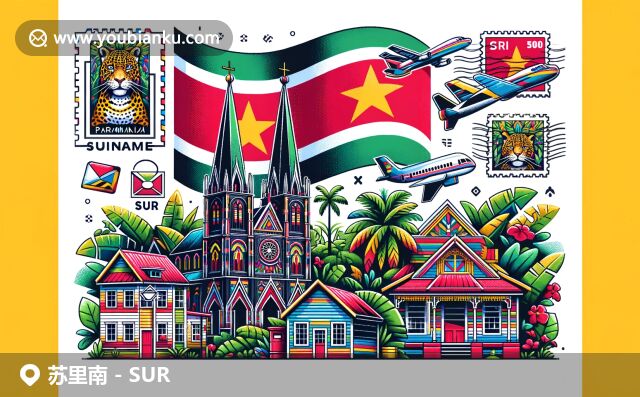 苏里南文化与自然景观的完美融合，展现国旗、巴拉马里博教堂、亚马逊雨林及马拉比风格房屋，邮政元素丰富多样