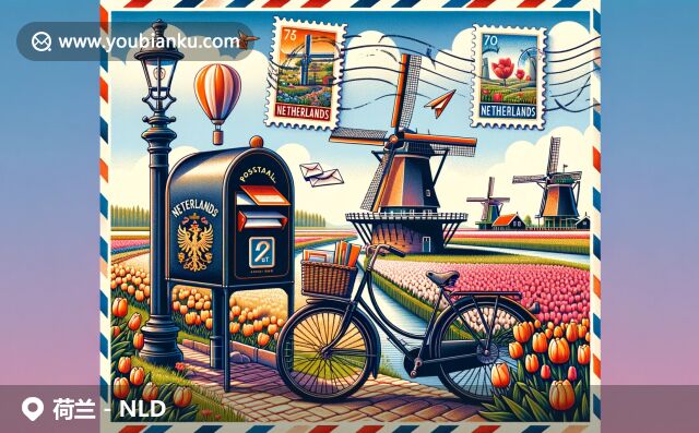 荷蘭風車與鬱金香下的郵政元素，展現荷蘭鄉村風光與郵政文化融合
