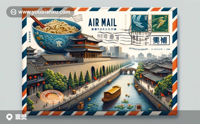 襄陽古城牆與隋唐運河，襄陽牛肉麵和中國風郵票相映成趣