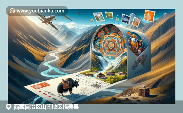 西藏措美縣自然和文化的和諧融合，展示雅魯藏布大峽谷、唐卡繪畫和氂牛元素，與喜馬拉雅山脈背景相映成趣