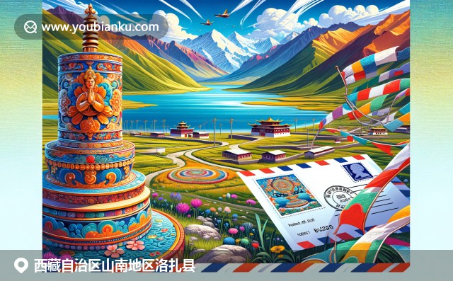 西藏山南洛扎縣風光插圖，映襯著美麗的羊卓雍錯湖泊、藏式轉經輪和五彩經幡，以及雄偉的山脈背景