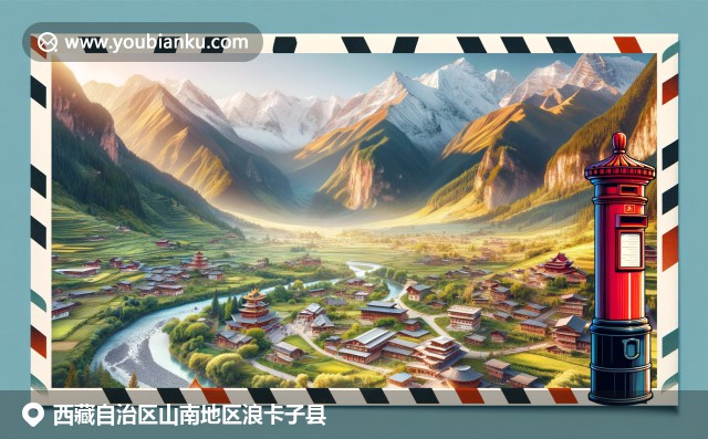 西藏浪卡子县的自然与文化交融，展现雅鲁藏布江河景、藏式建筑、高原动植物和中国邮政特色