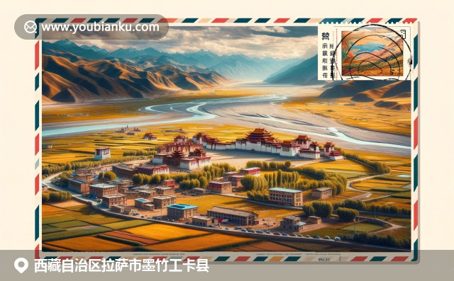 西藏拉薩布達拉宮、青稞田和藏羚羊的和諧共存，融入航空郵政元素