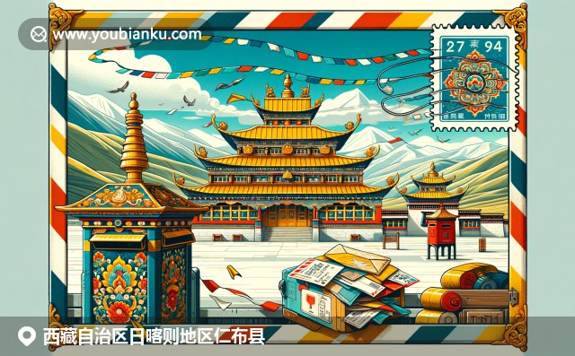 西藏日喀則地區仁布縣郵政文化插圖：雪山、藏羚羊和藏式建築裝飾的航空信封