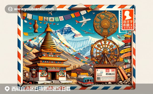 藏式转经轮和五彩经幡，背景珠峰雪峰展现定日县佛教文化与自然景观