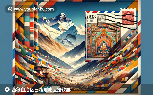 拉孜县壮观珠穆朗玛峰与五彩经幡，航空邮件信封展示藏族文化与邮政元素