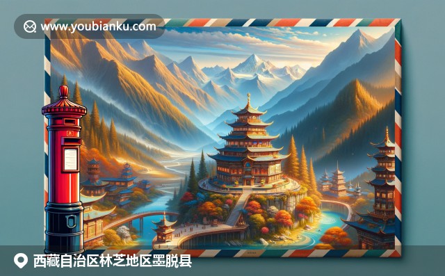 唐卡風格邊框環繞著雅魯藏布大峽谷壯麗景色，中國郵政紅色郵筒及860700郵票與藏族文化融合
