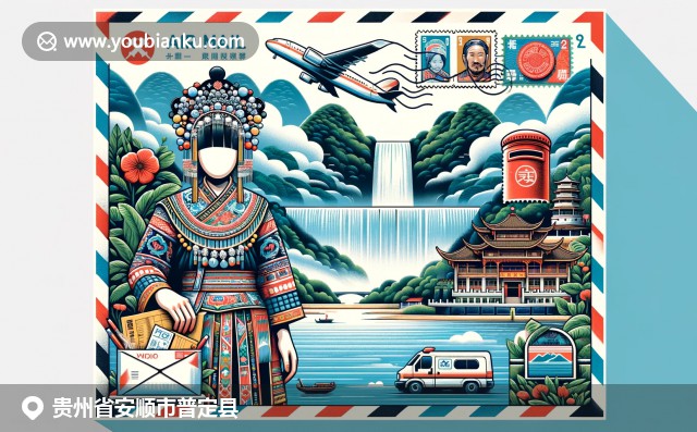 贵州风光与苗族文化的完美结合，展现黄果树瀑布与传统服饰，融入邮政元素