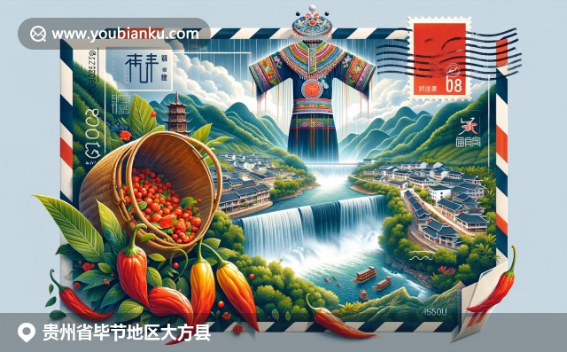 贵州自然与文化和谐融合，黄果树瀑布、苗族服饰与辣椒交织成画，集邮元素点缀