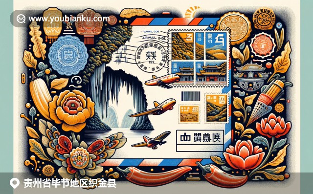 融合贵州织金县文化特色与邮政元素，展现织金洞壮观景色与传统手工艺