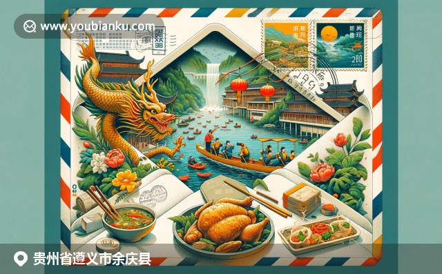 遵义余庆县文化与地理融合，展现龙舟节、温泉和辣子鸡，复古邮件信封中融入中国邮票与邮戳