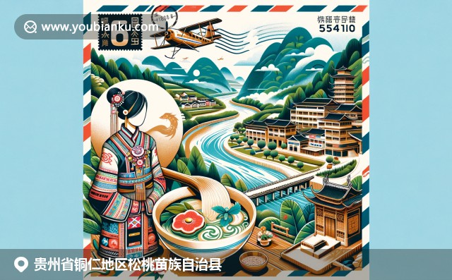 贵州松桃苗族自治县，展现苗族传统服饰、乌江河景观与酸汤鱼，融入航空邮件元素
