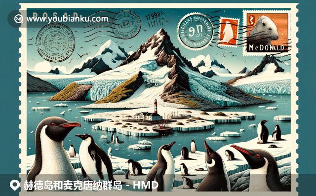 赫德島和麥克唐納群島的冰川與海豹企鵝，融入明信片和郵政元素的插畫