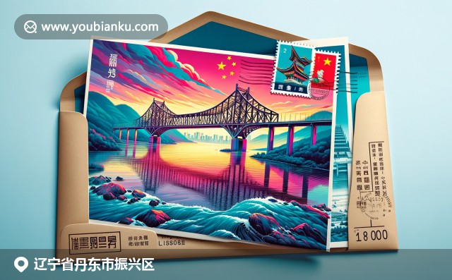 展現中朝歷史聯繫的鴨綠江斷橋，色彩艷麗反映河流寧靜美，郵政信封與明信片展現文化融合