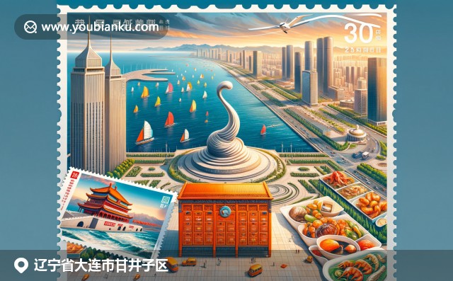現代插畫展現大連甘井子區特色，星海廣場雕塑、海岸線和海鮮美食，郵政編碼116000