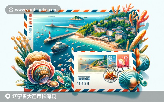 辽宁长海县海岸风光与美食展示，描绘海洋与邮政元素的完美融合