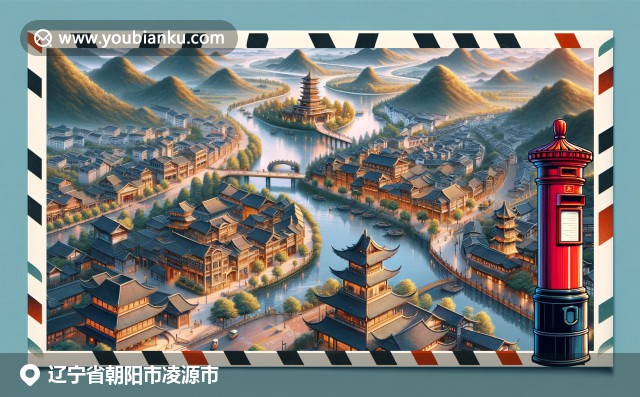 辽宁凌源市地标建筑、美食文化，传统工艺品融合于中国风明信片，邮局元素点缀