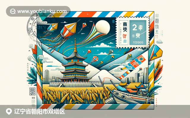 朝陽文化與農業特色的融合，體現中國風箏、小米和朝陽塔，展現郵政元素