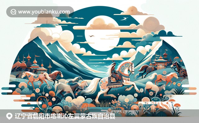 现代插画风格展现蒙古族文化：蒙古包、马术表演与广阔草原
