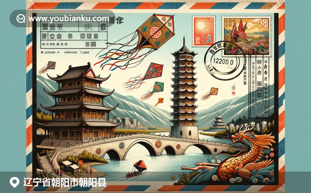 辽宁朝阳县文化与历史的创意描绘，展现鸭绿江断桥、中国风筝和辽代宝塔