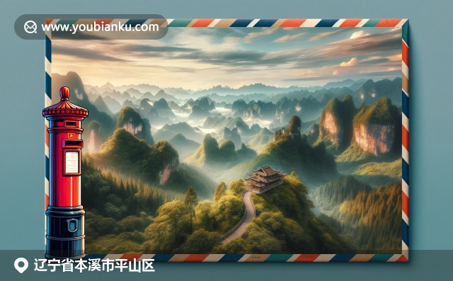 遼寧本溪平山區奇峰異洞與郵政文化相映，展現紅色山體、五老峰和郵政元素
