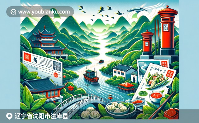 辽宁法库县文化与美食融合，展示乔家大院古建筑和熏鱼，搭配中国邮政元素