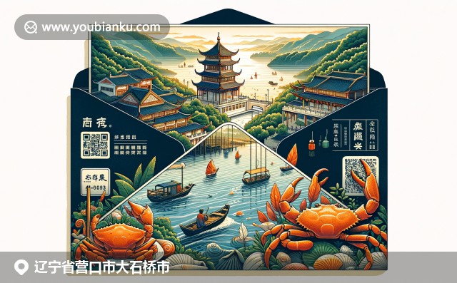 辽宁地域文化呈现：鸭绿江风光、营口冷泉寺与海鲜市场。邮政元素点缀描绘大石桥自然美