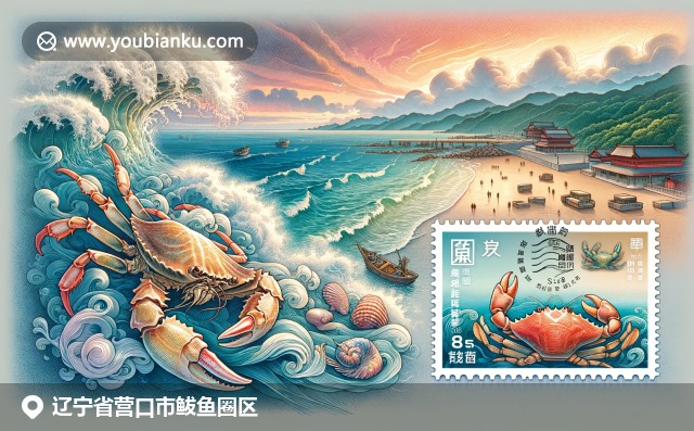 辽宁鲅鱼圈区红海滩风景与邮政元素的融合，展示地域文化与自然美景