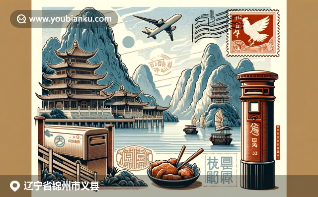 遼寧錦州義縣地域特色與郵政元素融合：航空信封上郵票與郵戳，背景是北普陀山和高粱米飯