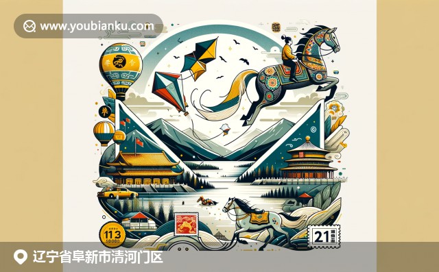 辽宁清河门区月亮湖自然美景与蒙古族马术节传统文化融合，展示邮政元素