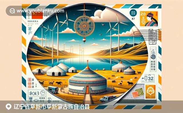 遼寧多元文化融合，展現月亮湖景觀、蒙古包和風力發電站，內含郵政元素