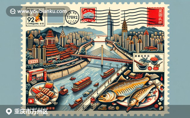 现代插画展现重庆万州特色：三峡大坝、辣椒和鱼，中国邮政邮戳背景