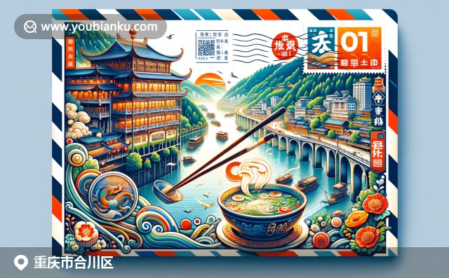 重庆合川区风景邮政元素融合，展现钓鱼城堡、嘉陵江和火锅文化