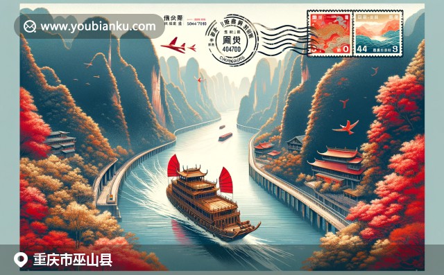 重庆巫山自然与文化的奇妙融合，展示三峡风光、巫山红叶和木船，邮政元素点缀