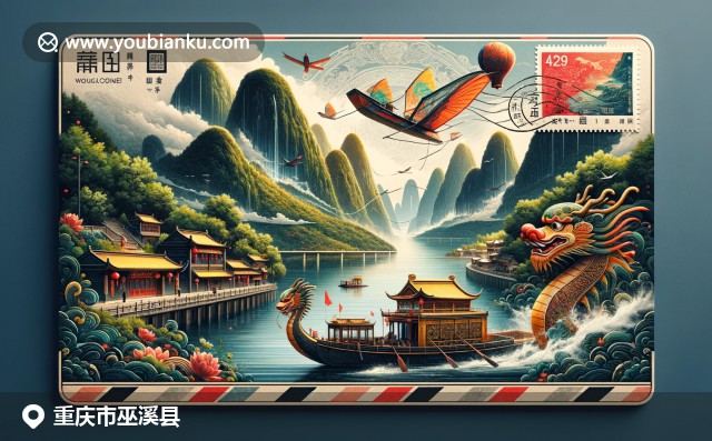 重慶巫溪縣紅雲金頂與傳統龍舟，展現自然風光和文化遺產，航空郵件信封融入中國郵政元素
