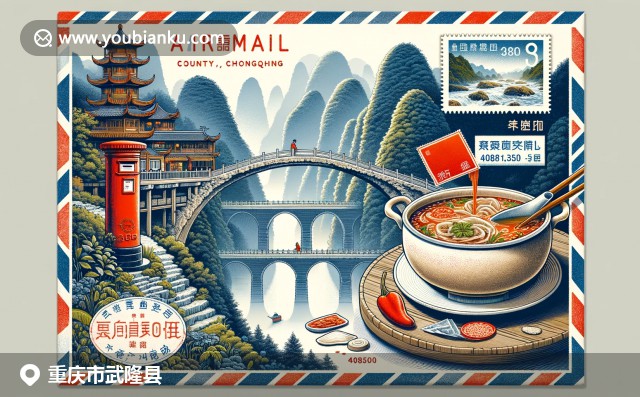 重庆武隆喀斯特地貌与美食文化的结合，展示天生三桥、辣火锅和芙蓉洞，融入航空邮件元素