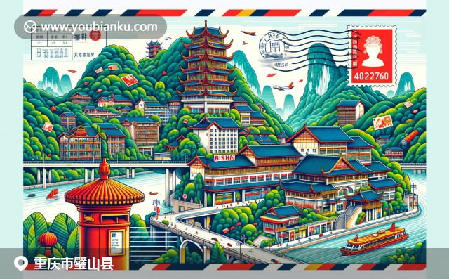 重庆璧山区，融合金佛山、璧山豆腐和传统建筑，呈现中国邮政元素