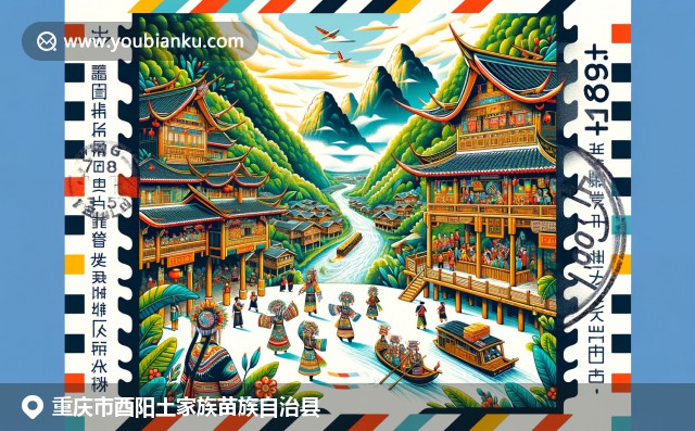 重庆酉阳土家族苗族自治县的山水文化，展现土家族吊脚楼、传统舞蹈和复古邮车