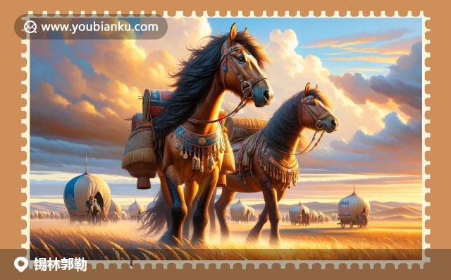 錫林郭勒草原與郵政文化融合，展現蒙古包、駿馬和航空郵件元素，色彩鮮明現代
