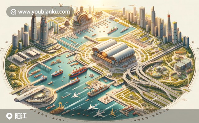 描绘阳江文化与产业特色的航空邮件信封，周围散布地标建筑和风景，展示地方特色