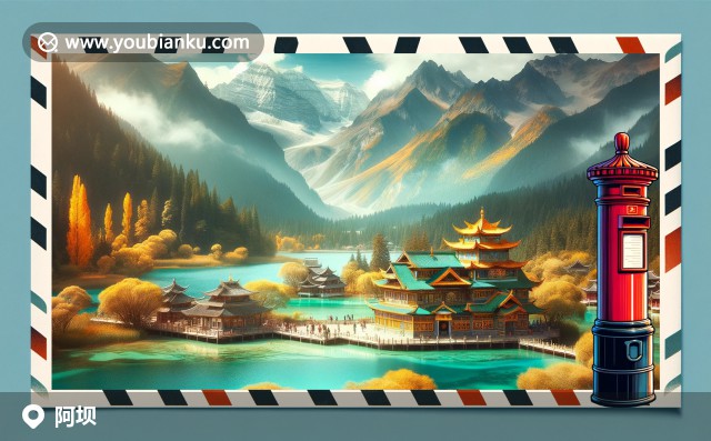 阿壩自然景色與藏式建築相映成趣，搭配中國郵政元素，展現阿壩獨特魅力
