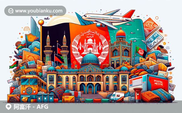 阿富汗文化特色展示，图中融合国旗、达尔阿曼宫、地毯等元素，航空信封、邮票、邮筒及邮差也现身