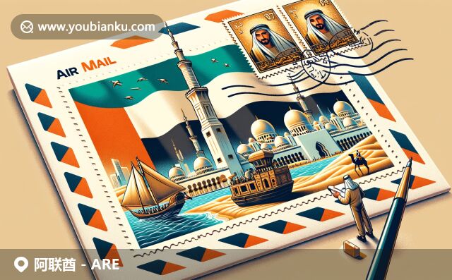现代插画描绘阿联酋地标和邮政元素，融入哈利法塔、清真寺、沙漠、骆驼、道格船及邮政工作人员