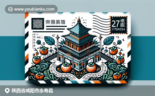 永寿县乾陵、柿子和剪纸图案的文化结合，呈现中国邮政主题的艺术插图