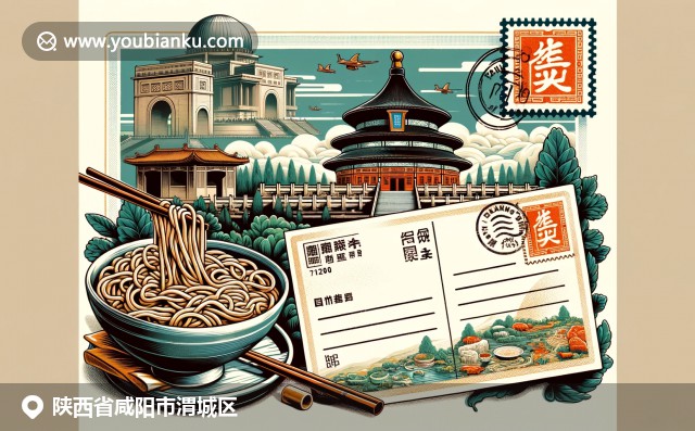 陝西咸陽乾陵與biangbiang面完美融合成現代明信片風格，展現地區深厚文化和美食特色