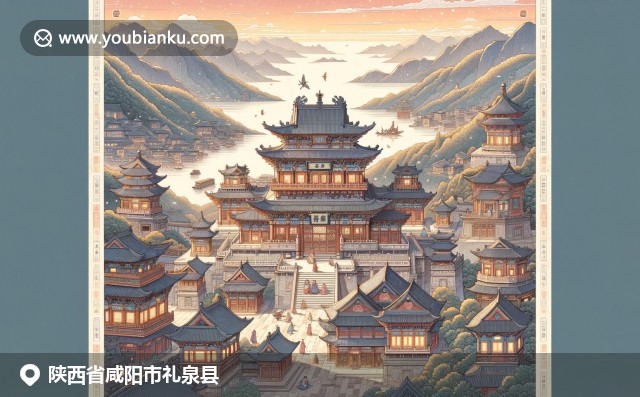 陕西礼泉县古建筑、石榴丰收与渭河美景，融合现代插画风格和地方文化邮政元素