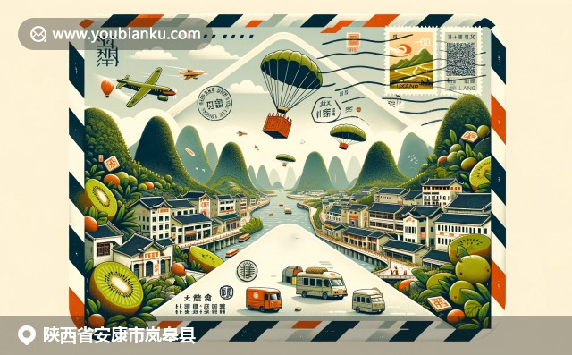 岚皋县自然美景与文化特色融入邮政主题，展现汉江风光和猕猴桃产业