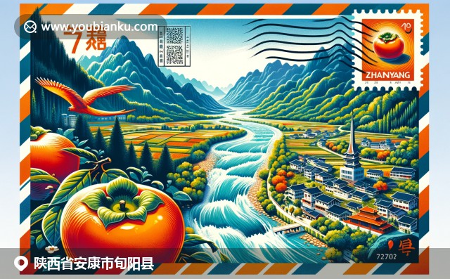 旬阳县自然风光与邮政元素完美融合，描绘汉江风景、南宫山美景和当地农业柿子