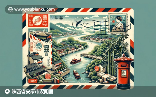 复古航空邮件信封中展现汉阴县石泉河风景、大巴竹笋美食和传统毛笔画，融合当地文化和邮政元素