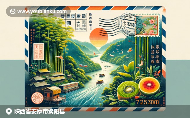 紫陽竹林、漢江和獼猴桃，結合復古航空郵件信封，展現紫陽縣獨特魅力